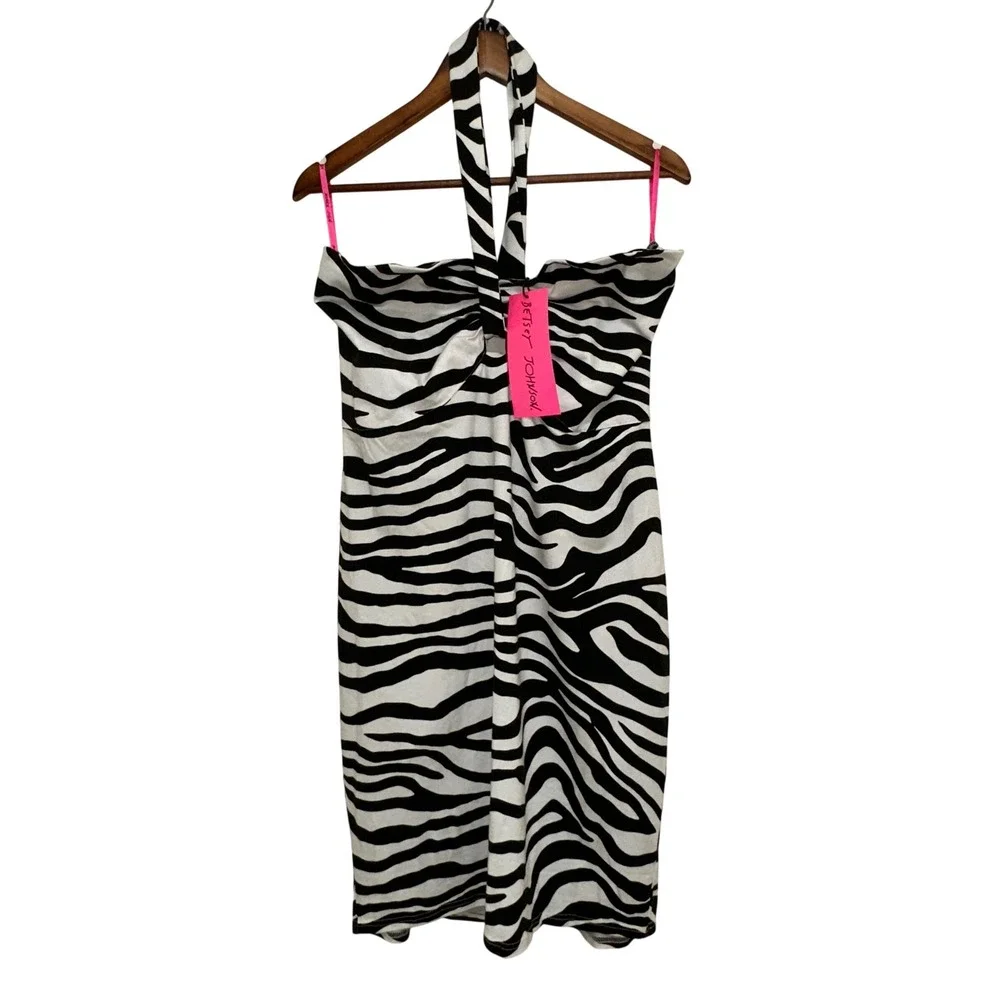 Betsey Johnson Izzy Halter Dress Womens XXL Sonic White Black Zebra NWT $99 - Picture 2 of 9